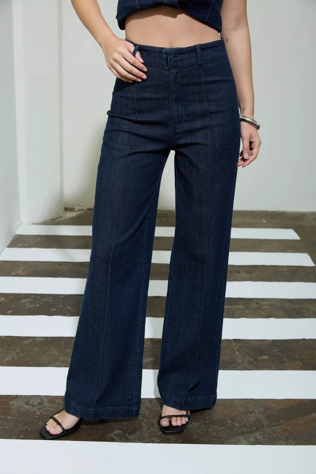 THE WORKSHOP High Waist Front Seam Wide Leg Jeans – Stretch Denim Pants Dark Blue -