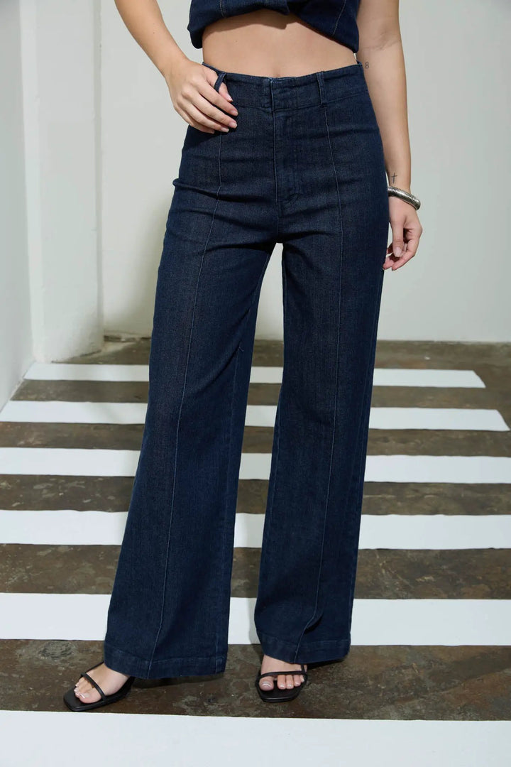 THE WORKSHOP High Waist Front Seam Wide Leg Jeans – Stretch Denim Pants Dark Blue -