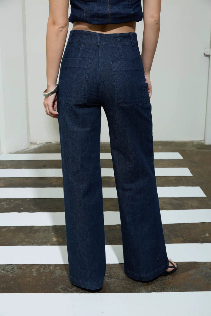 THE WORKSHOP High Waist Front Seam Wide Leg Jeans – Stretch Denim Pants Dark Blue -