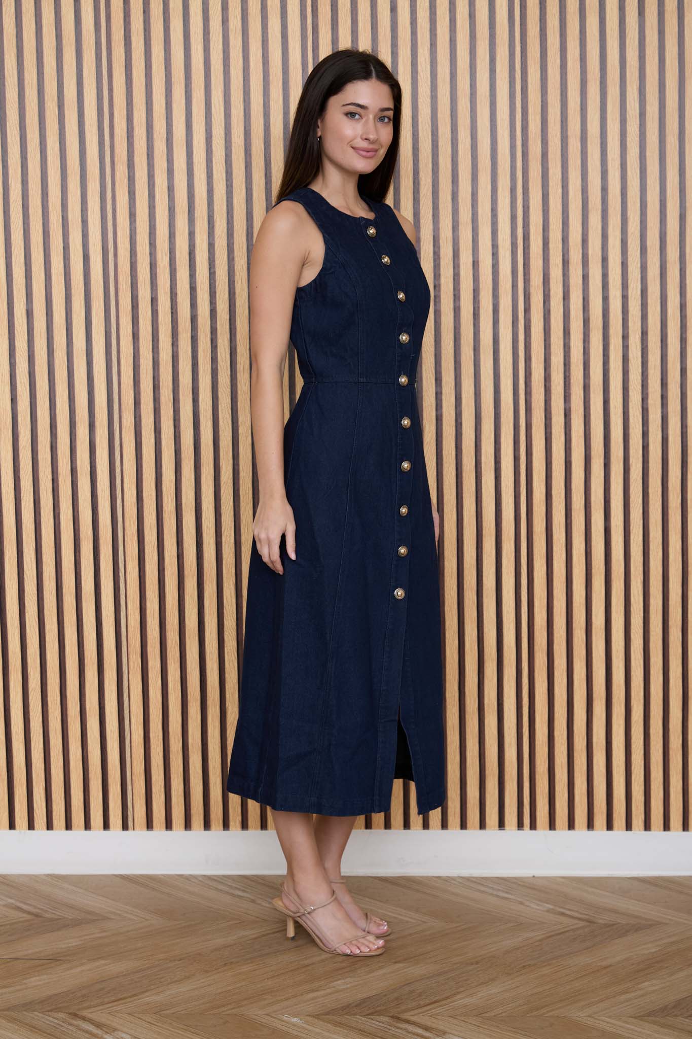 BUTTON DOWN SLEEVELESS DENIM MIDI DRESS by shopblupepper