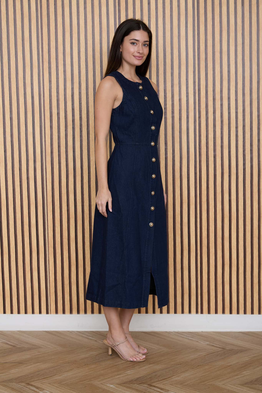 BUTTON DOWN SLEEVELESS DENIM MIDI DRESS by shopblupepper