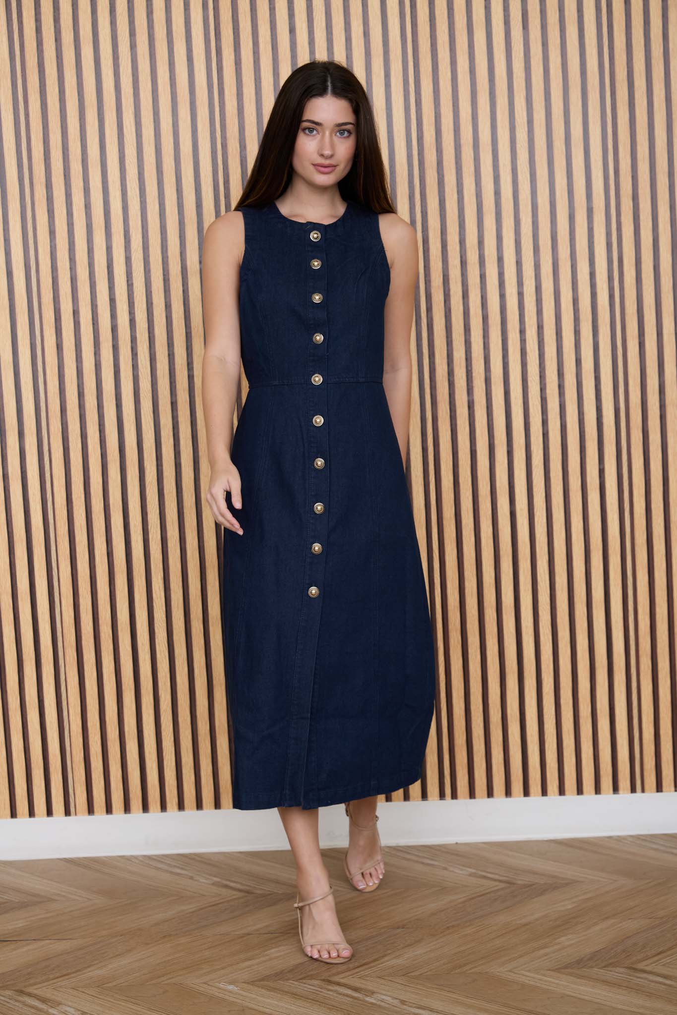 BUTTON DOWN SLEEVELESS DENIM MIDI DRESS by shopblupepper