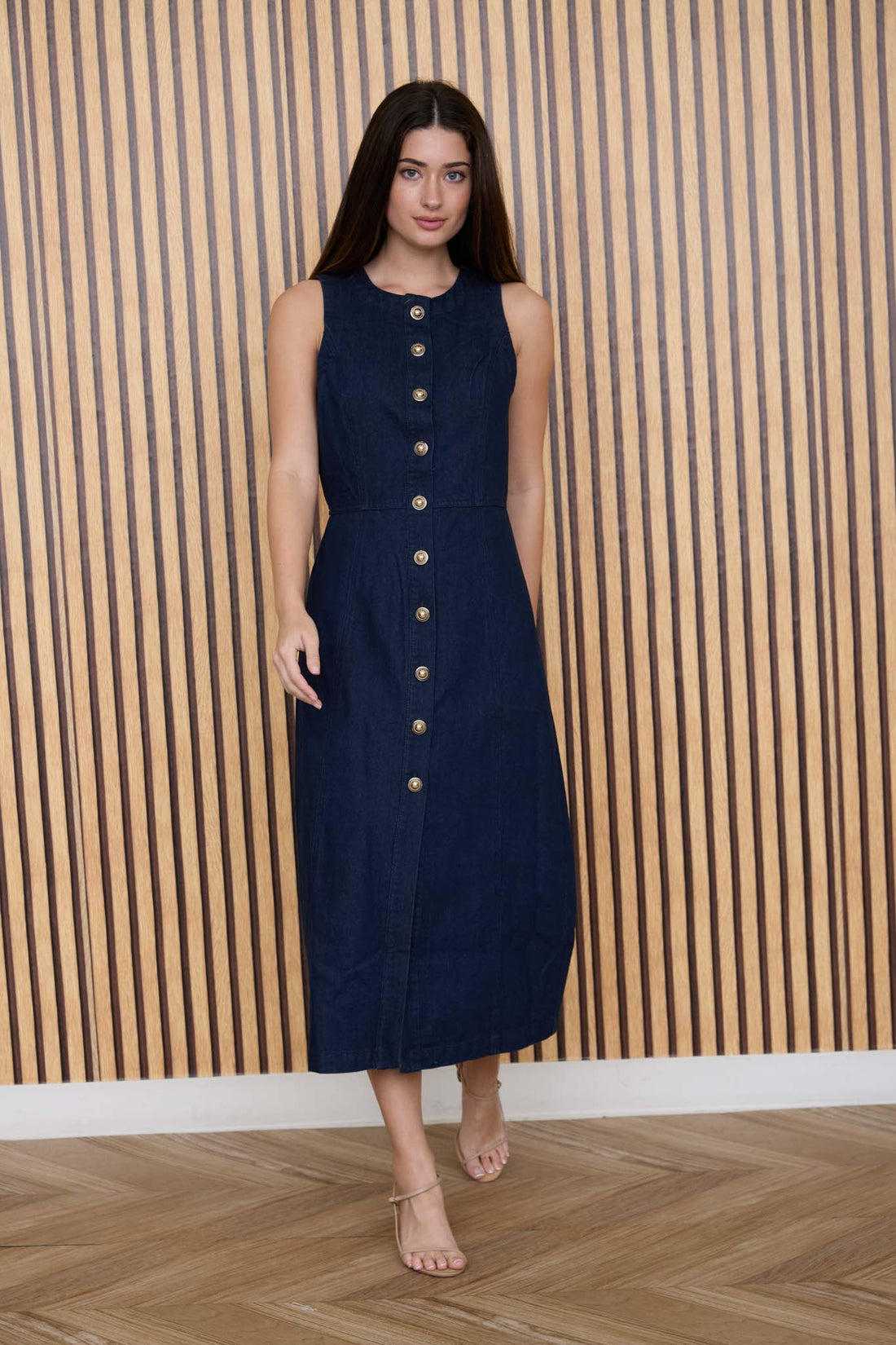 BUTTON DOWN SLEEVELESS DENIM MIDI DRESS by shopblupepper