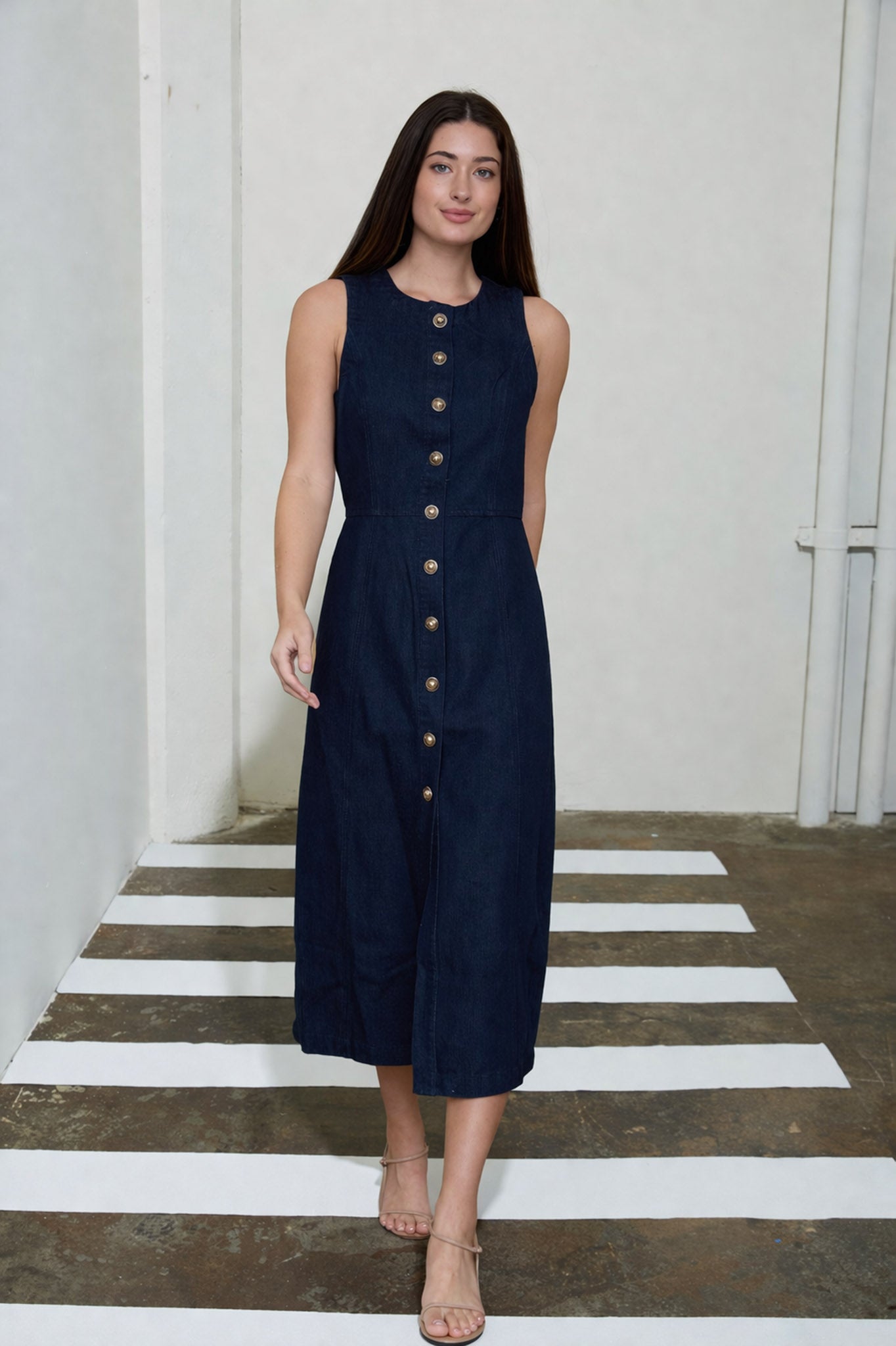 BUTTON DOWN SLEEVELESS DENIM MIDI DRESS by shopblupepper