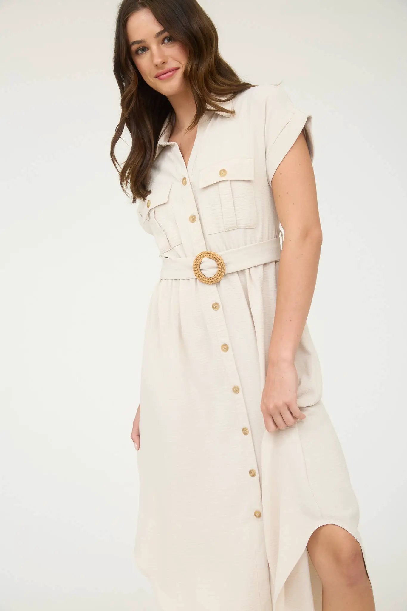 Vestido Midi Lino Beige Cinturon Cafe by Yanet Collective