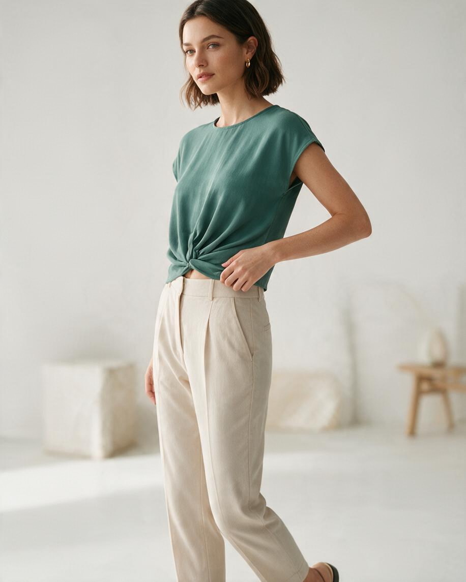 Green Short Sleeve Knot Front Top