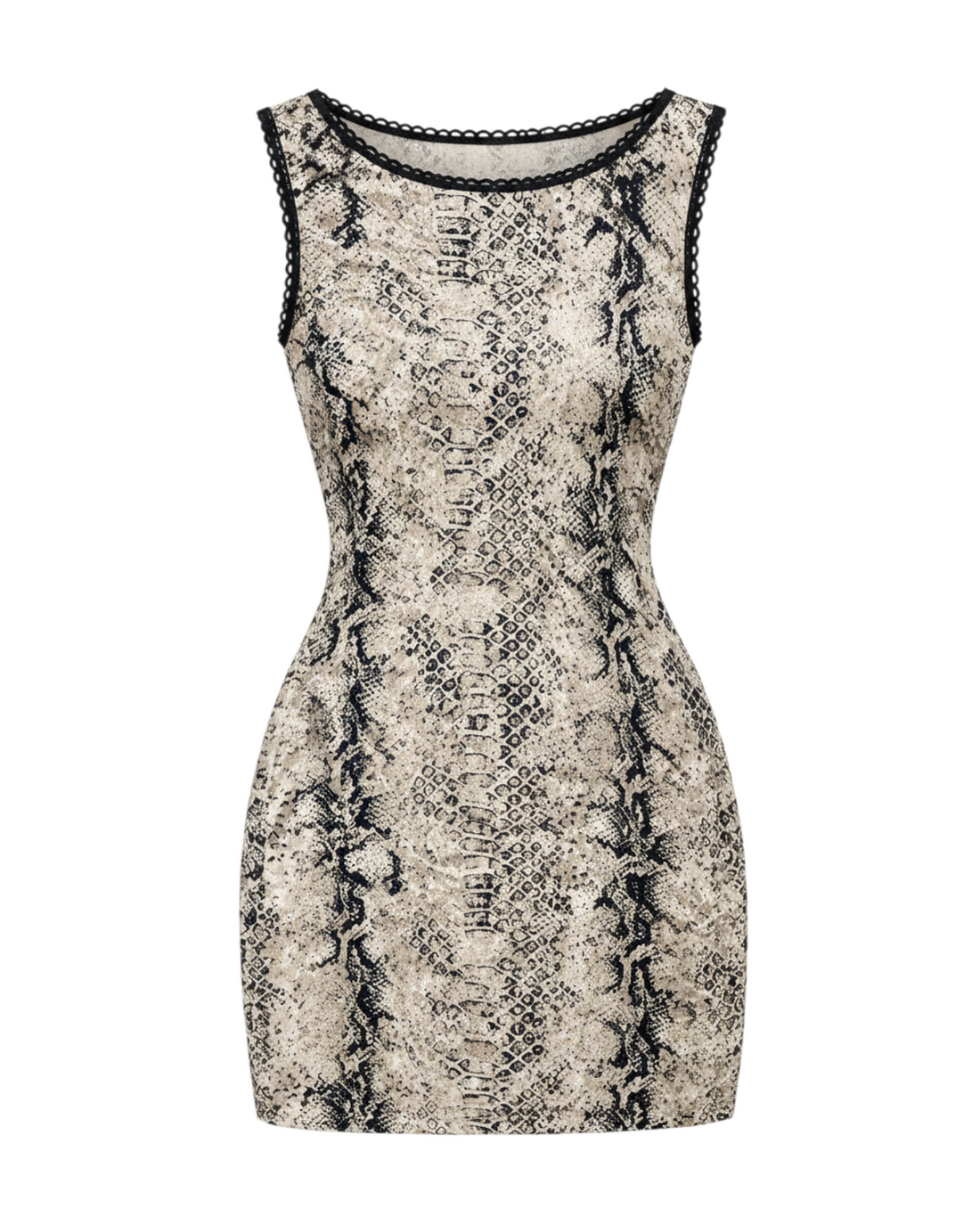 Vestido ajustado Yanet Collective beige con estampado de serpiente, sin mangas y cuello redondo con detalle de encaje.