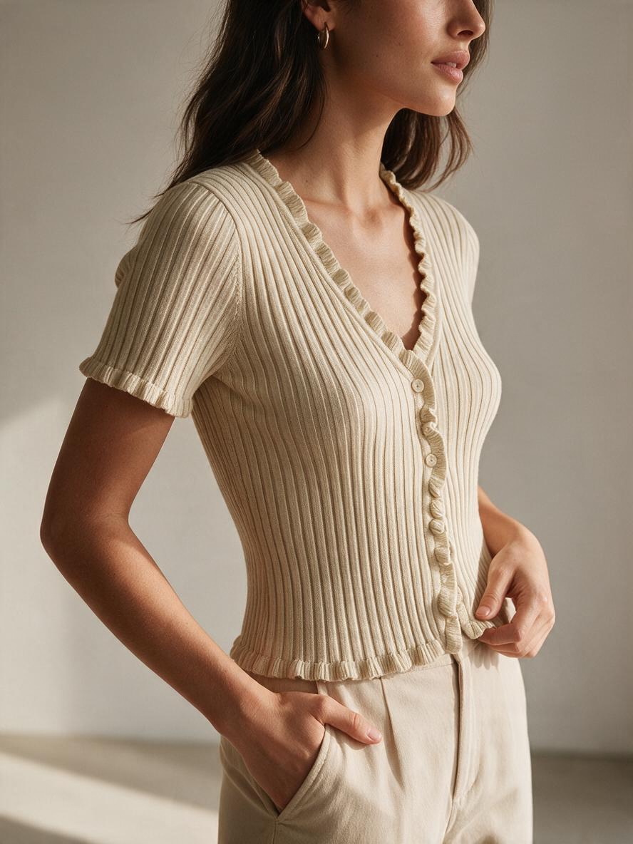 Top Corto de Manga Corta Color Crema con Volantes