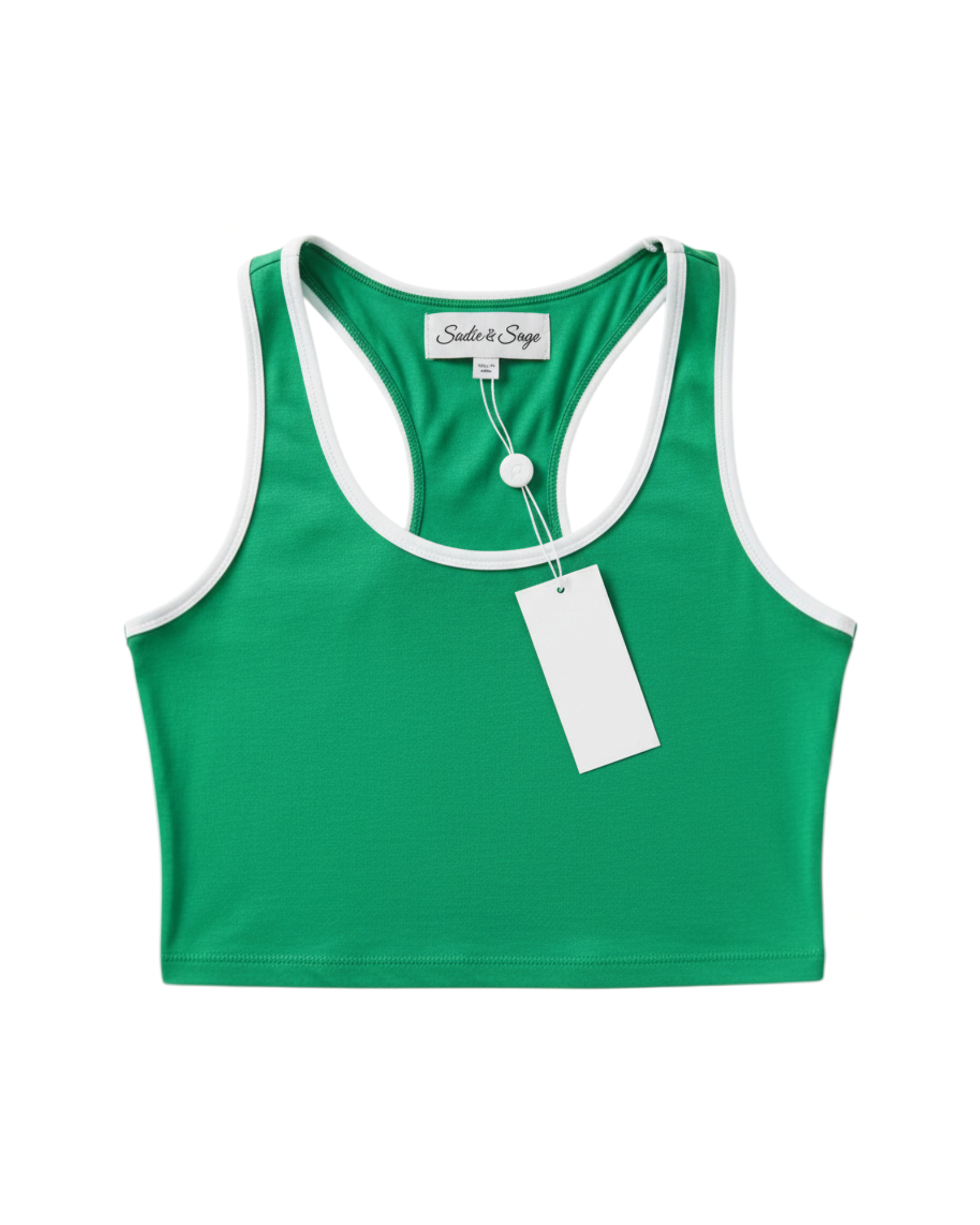 Top corto deportivo Yanet Collective verde con ribetes blancos y espalda nadadora, ideal para entrenamiento.