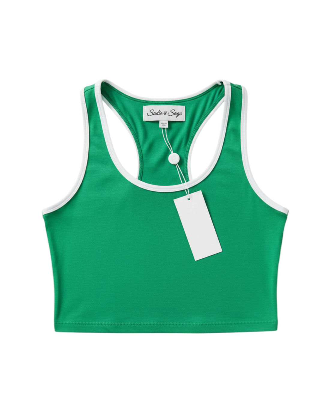 Top corto deportivo Yanet Collective verde con ribetes blancos y espalda nadadora, ideal para entrenamiento.