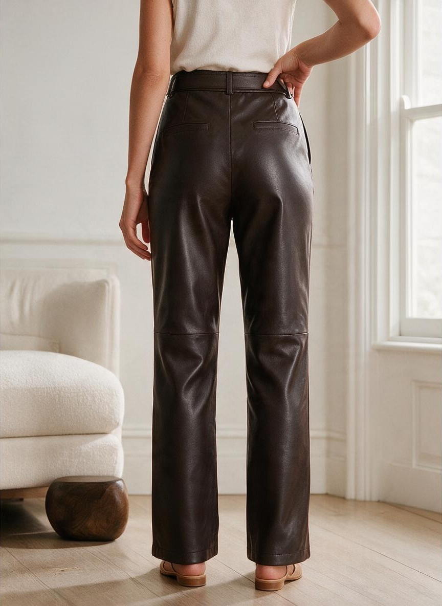 Pantalones de Piel Sintética Color Café con Cinturón