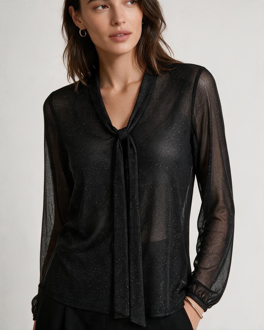 Blusa Negra Transparente con Lazos - Estilo Boutique