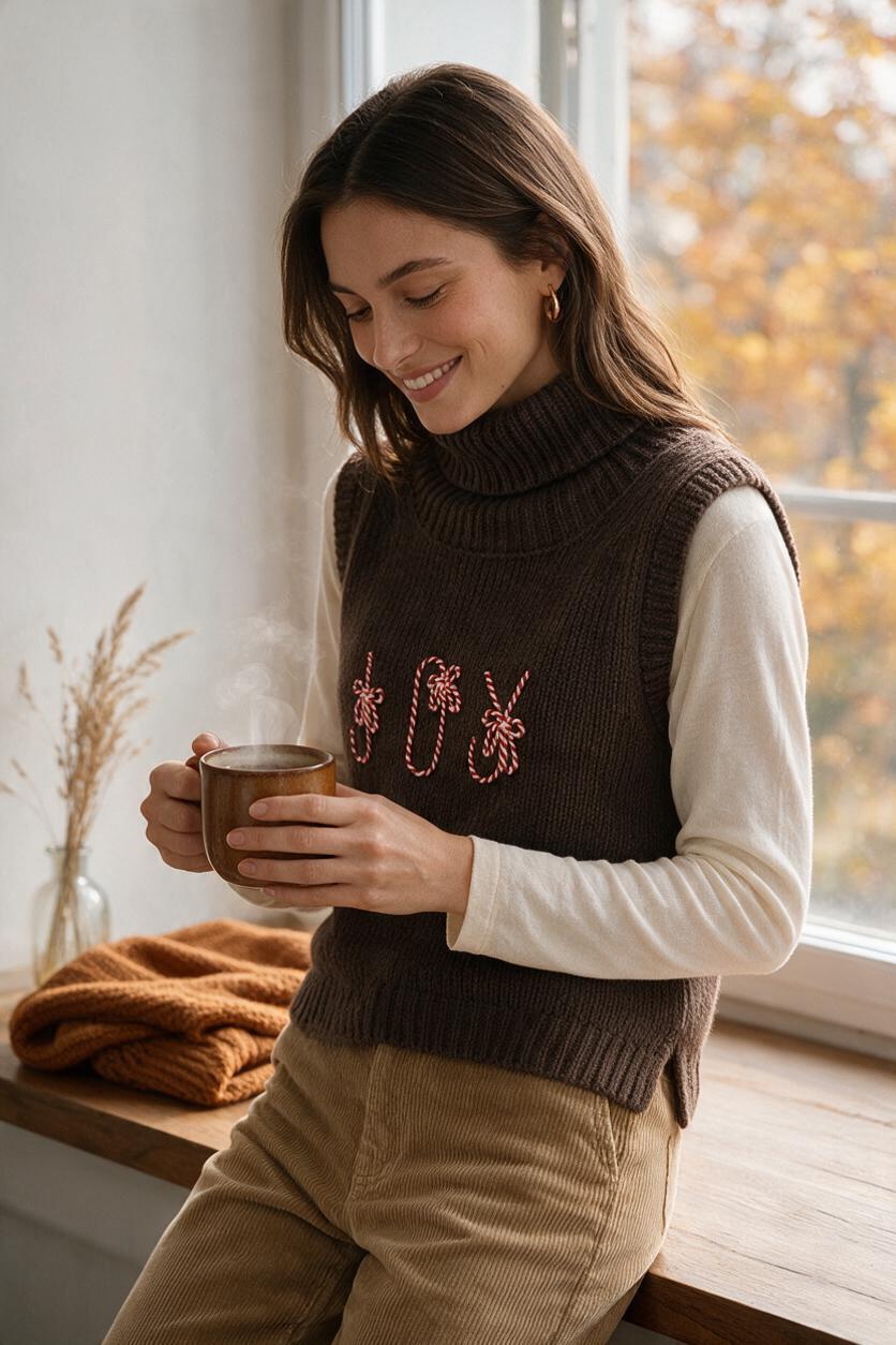 Suéter Top Tejido Sin Manga de Cuello Alto Color Café con Diseño