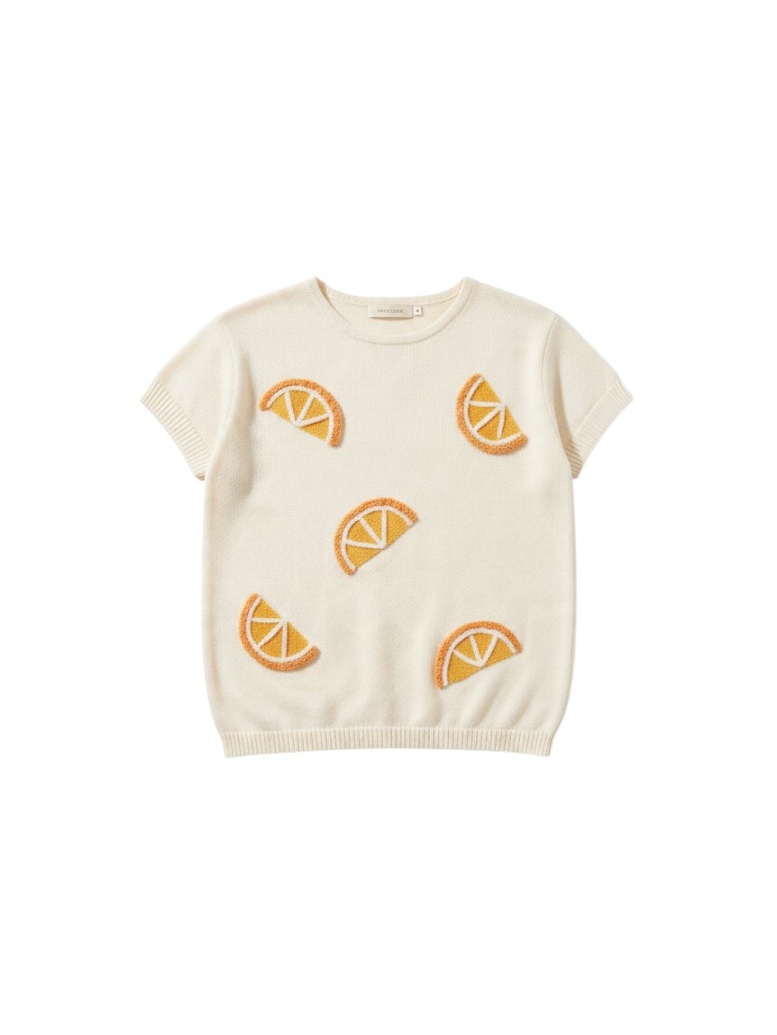 Blusa Tejido de Manga Corta Color Crema con Estampado Frutal