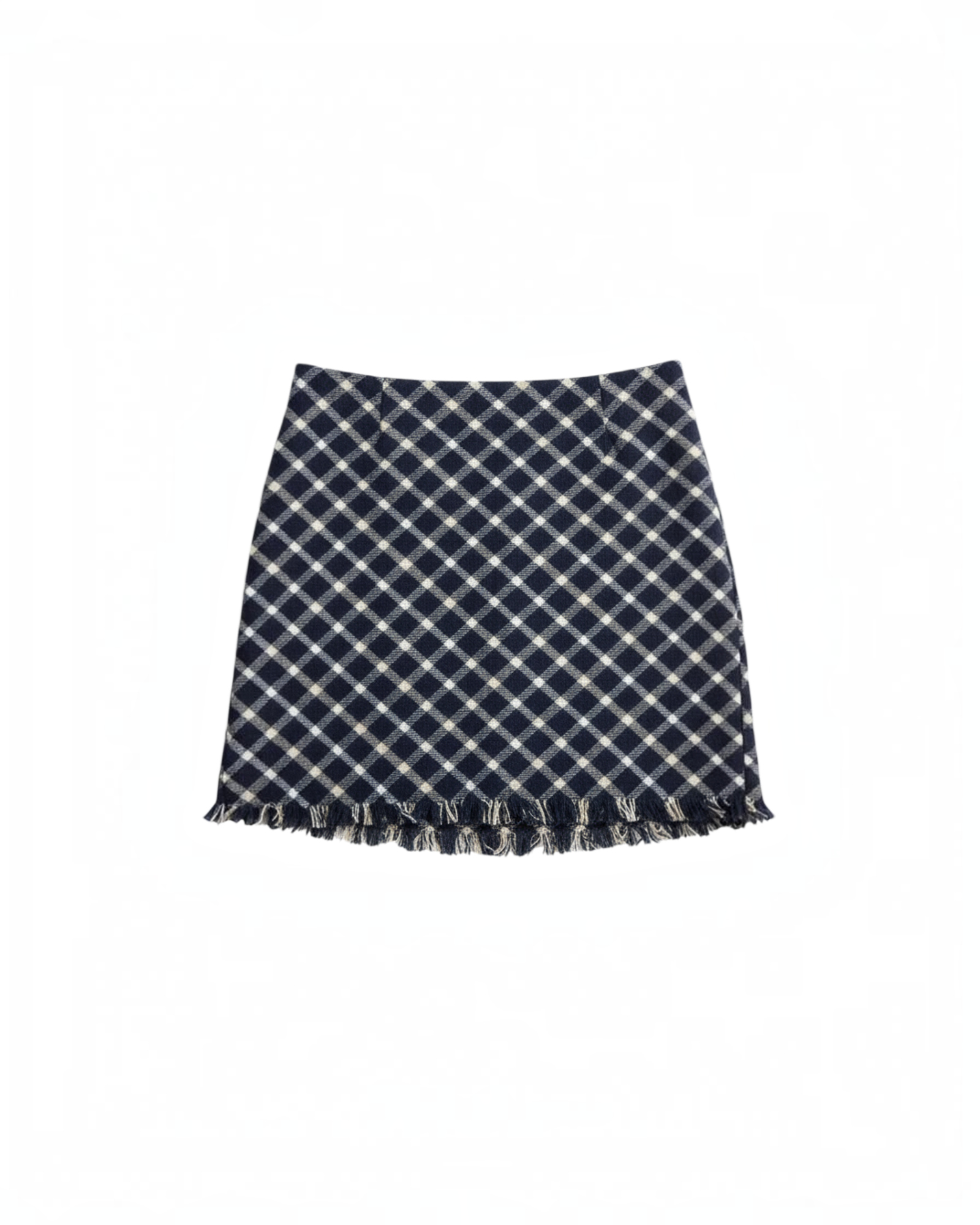 Minifalda Yanet Collective de mezclilla azul marino con estampado de cuadros y dobladillo deshilachado