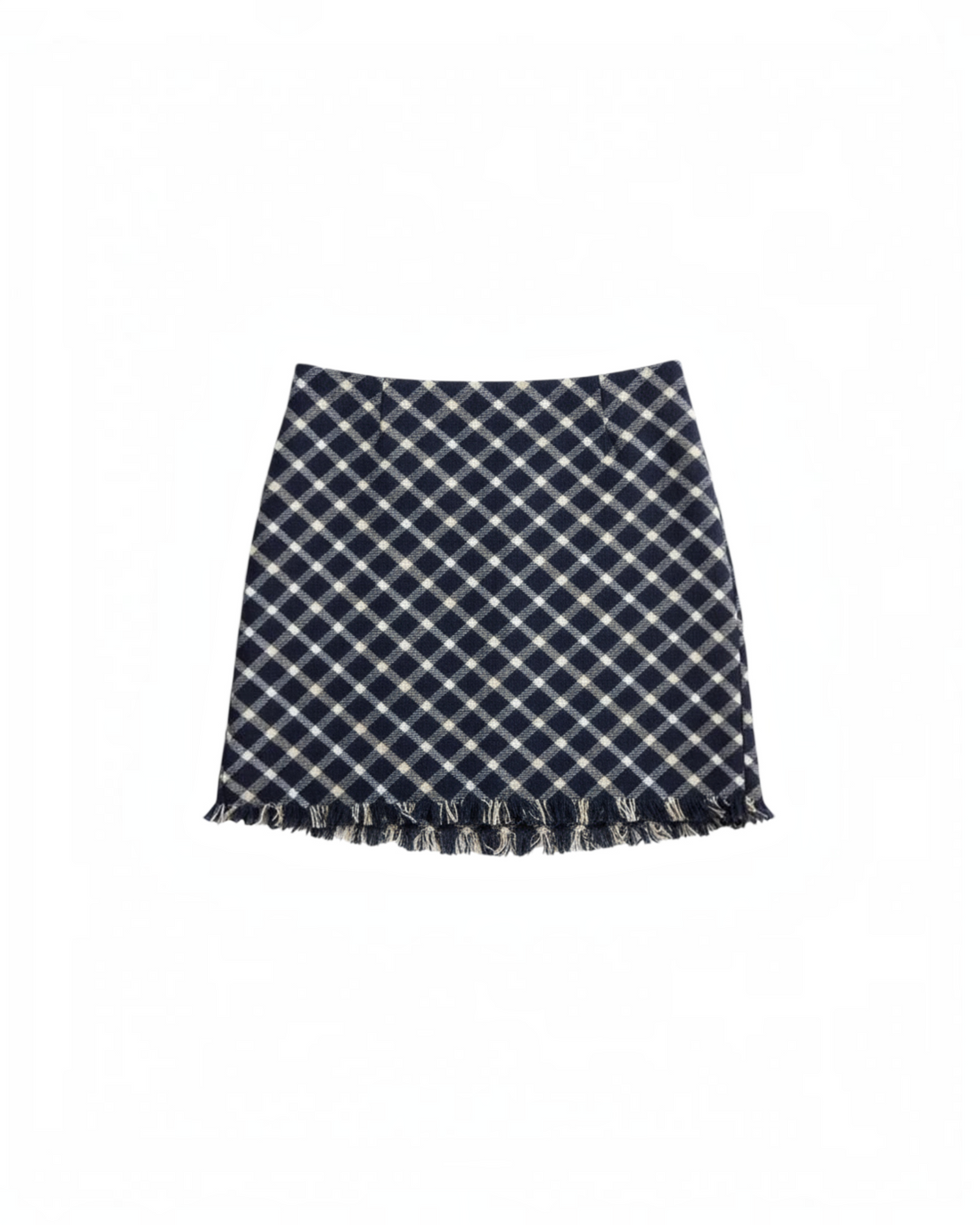 Minifalda Yanet Collective de mezclilla azul marino con estampado de cuadros y dobladillo deshilachado