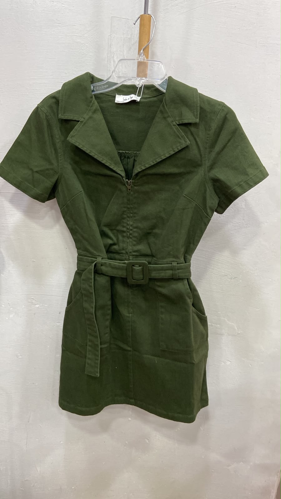 Olive Short Sleeve Zip-Up Dress with Belt