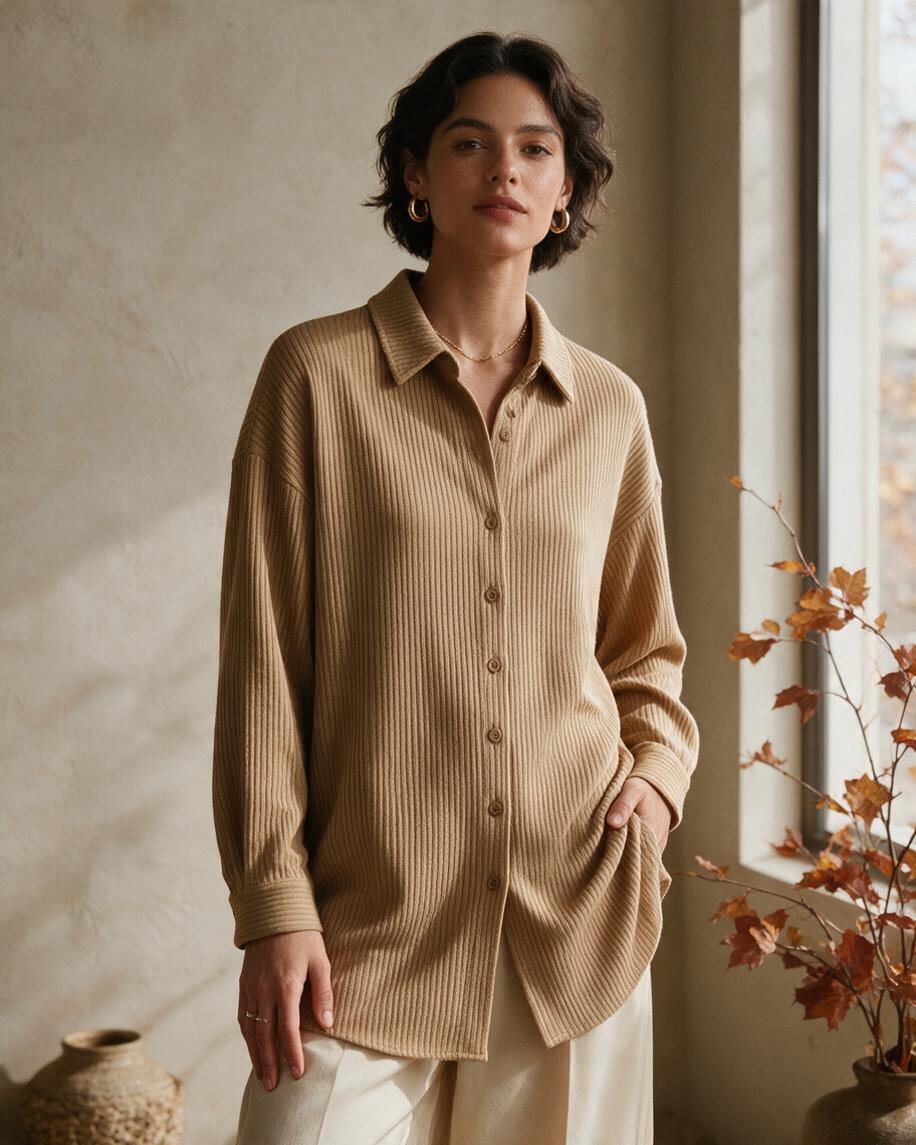 Camisa de Manga Larga con Botones Color Beige