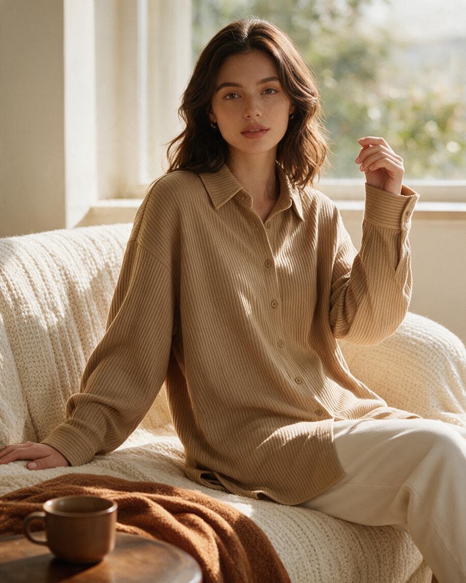Camisa de Manga Larga con Botones Color Beige