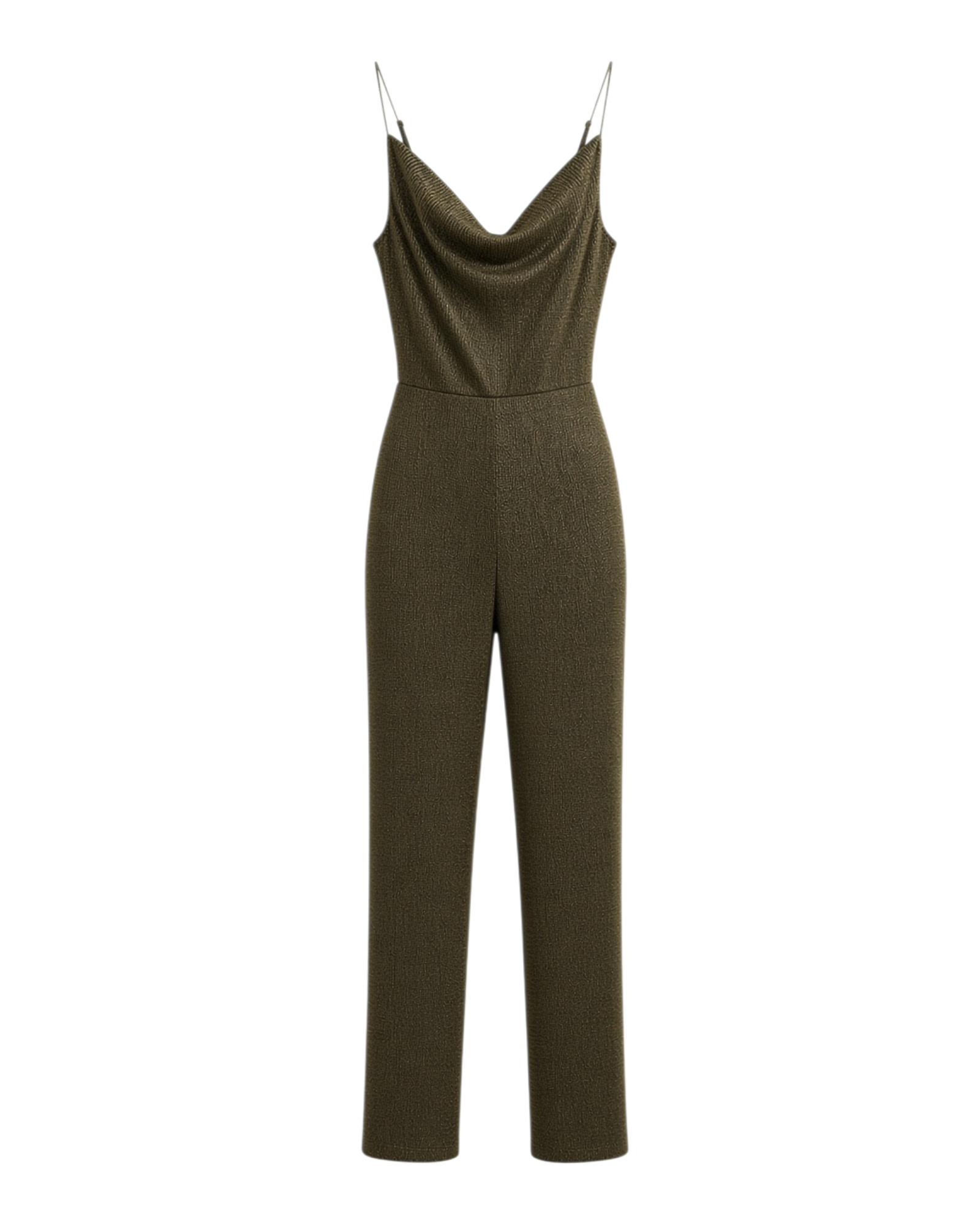 Jumpsuit largo dorado Yanet Collective con escote drapeado, tirantes finos y tejido brillante para eventos de noche.