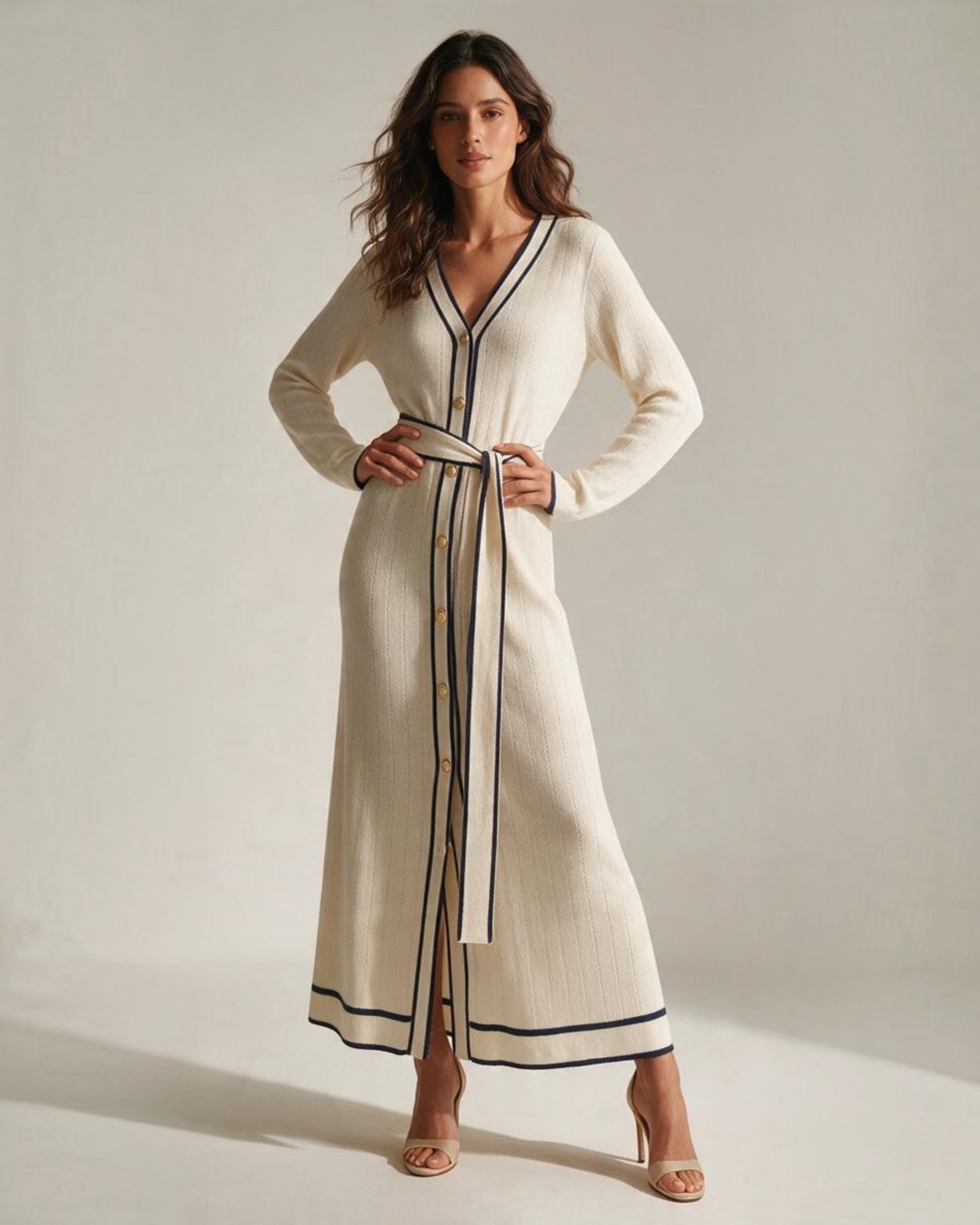 Modelo vistiendo vestido largo beige de punto de Yanet Collective con manga larga, botones frontales y cinturón