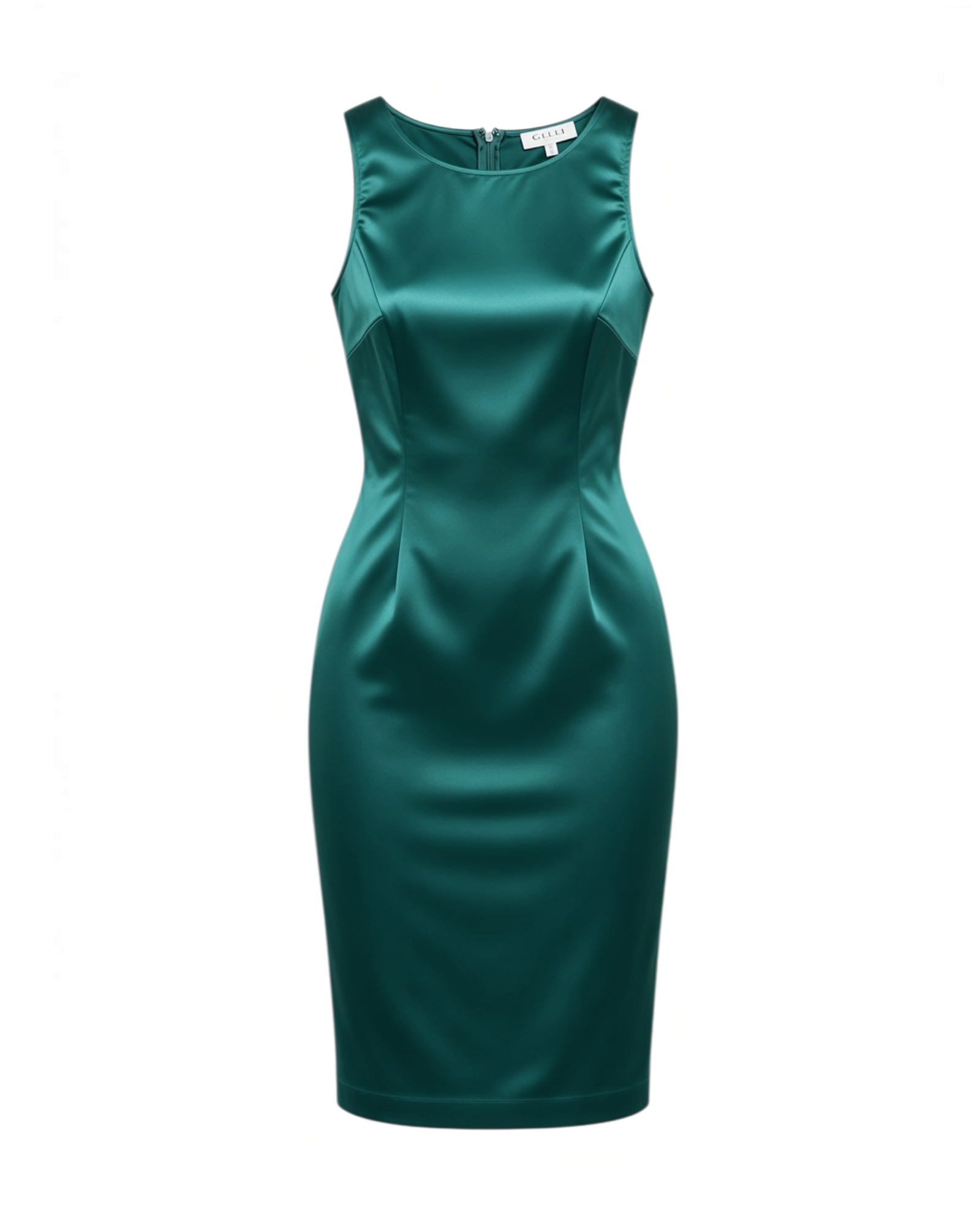 Vestido bodycon Yanet Collective verde satinado con cuello redondo y corte ajustado elegante
