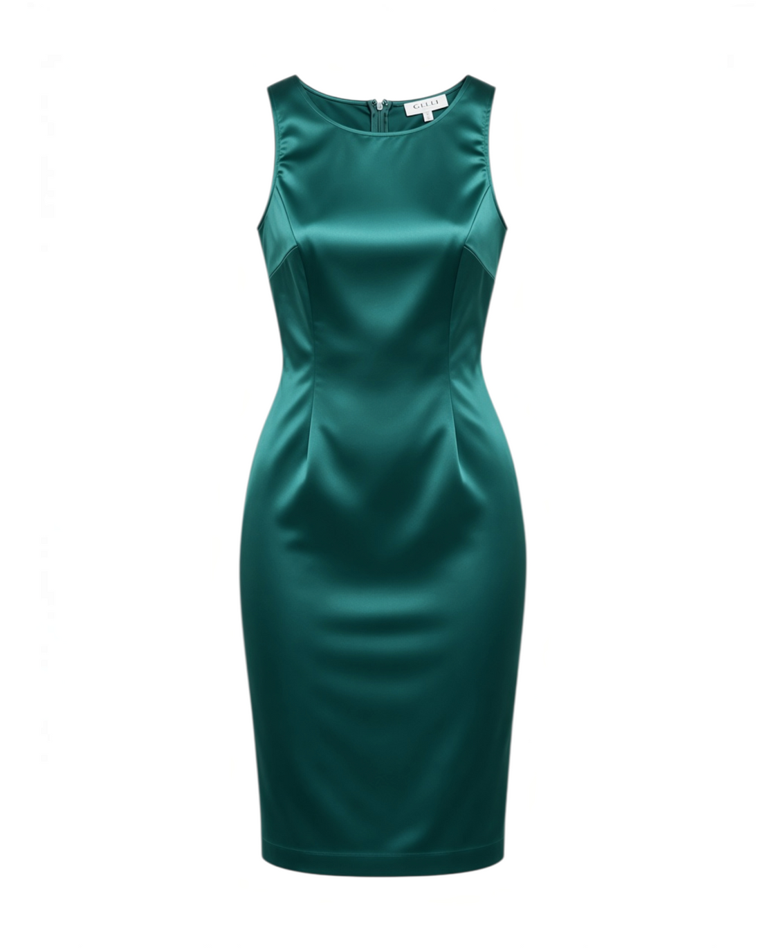 Vestido bodycon Yanet Collective verde satinado con cuello redondo y corte ajustado elegante
