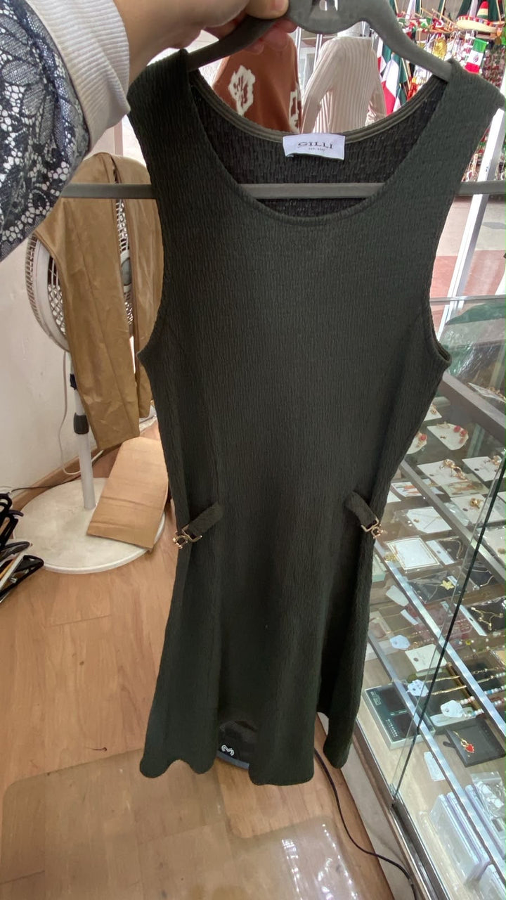 Olive Sleeveless Shift Dress with Side Details