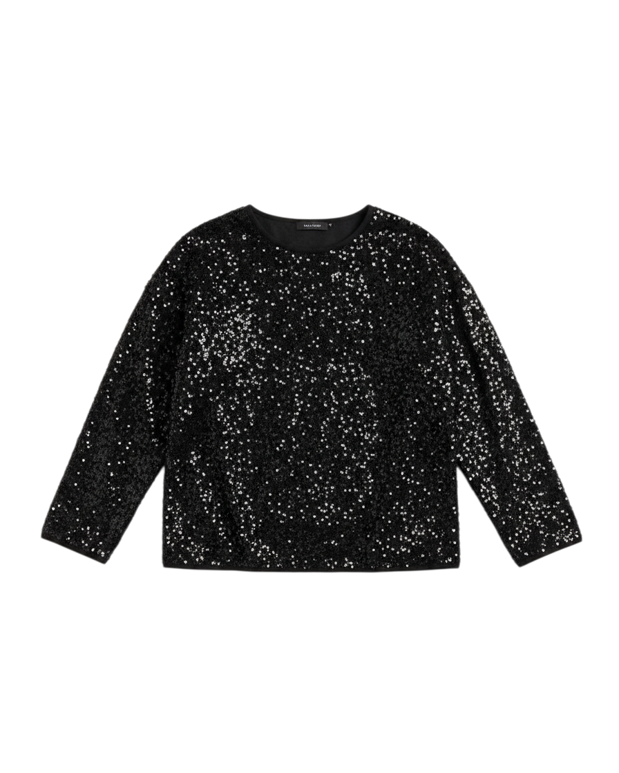 Blusa negra de manga larga con lentejuelas brillantes de Yanet Collective, ideal para un look de fiesta elegante.