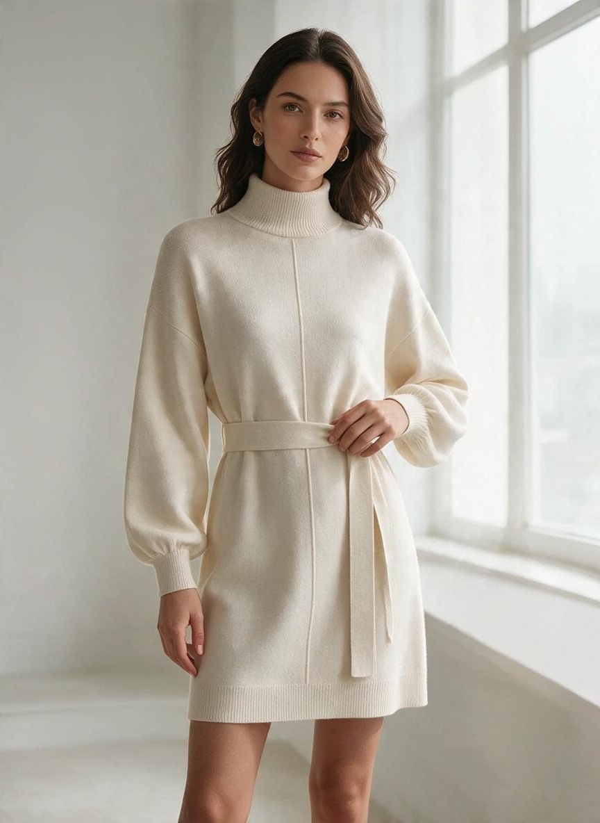 Vestido Beige Tejido Corto Manga Larga Para Mujer Moda Elegante Ocasión Especial