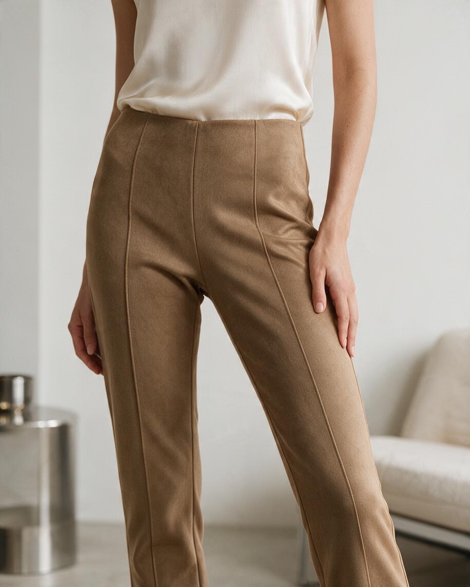 Pantalones Beige de Tiro Alto con Pliegues y Pierna Ancha