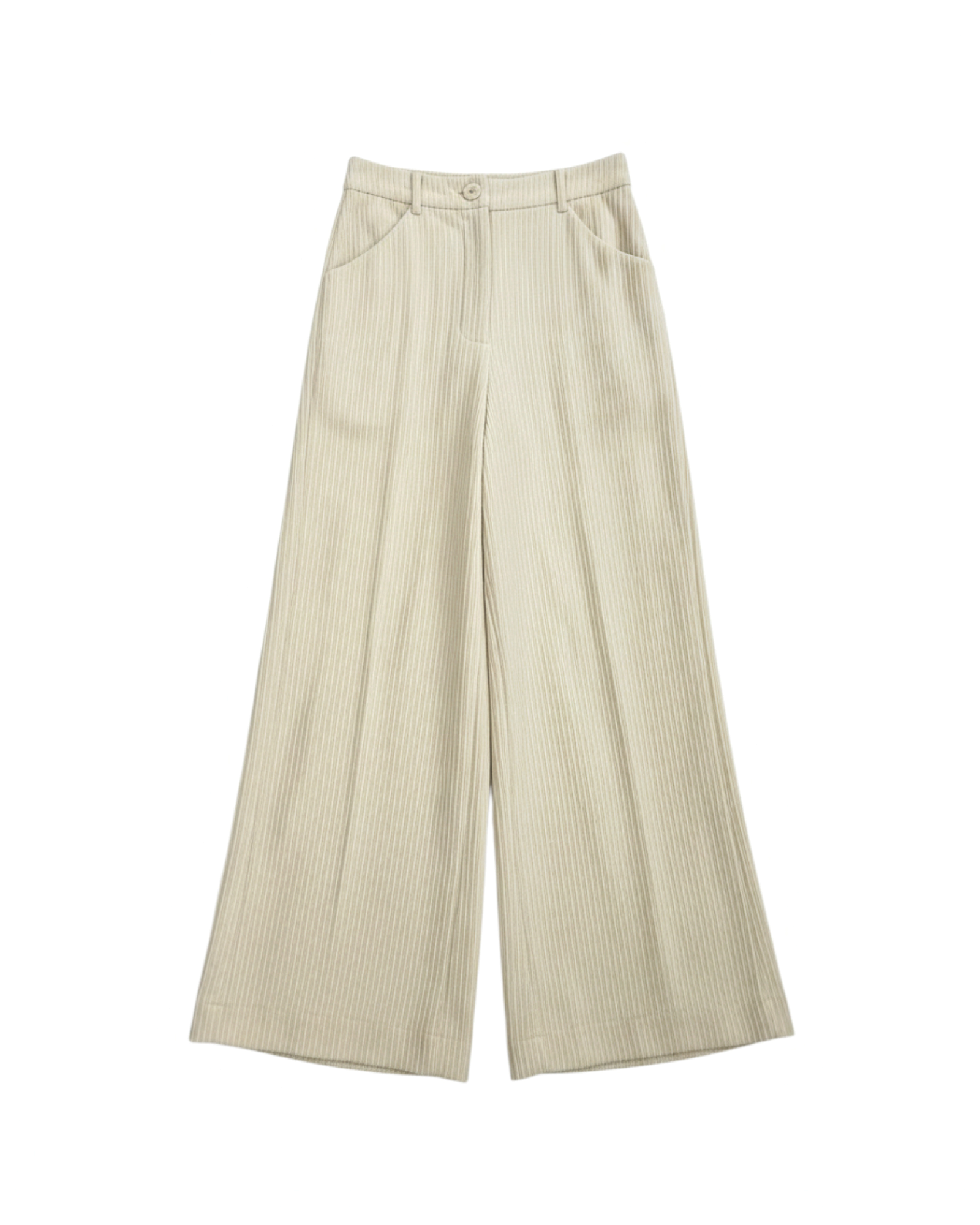 Pantalones anchos de tiro alto Yanet Collective en color arena con rayas verticales finas y bolsillos laterales.