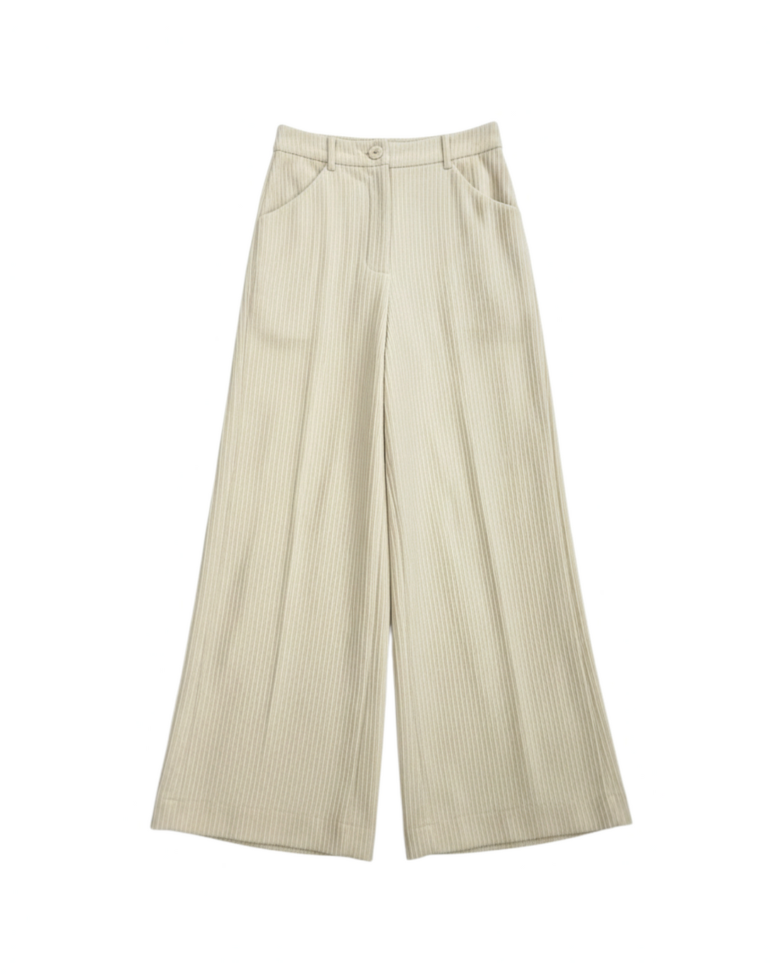 Pantalones anchos de tiro alto Yanet Collective en color arena con rayas verticales finas y bolsillos laterales.