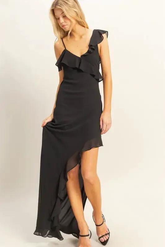 Vestido Midi Asimétrico Negro con Volantes y Tirantes Finos Hf25a112 by Yanet Collective