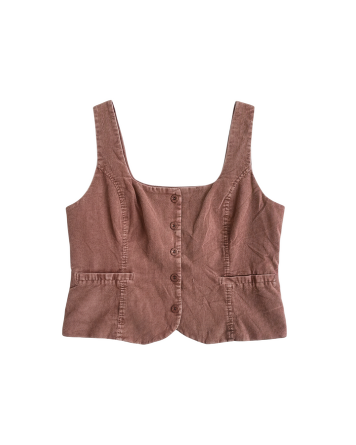 Top corto Yanet Collective color rust con escote cuadrado, botones frontales y bolsillos en estilo casual chic