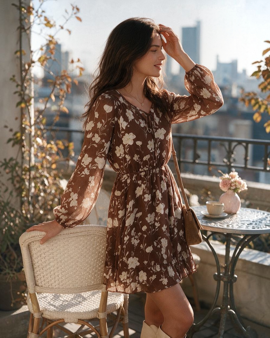 Mujer vistiendo un vestido corto Yanet Collective color terracota con estampado floral, manga larga y cintura ajustada.