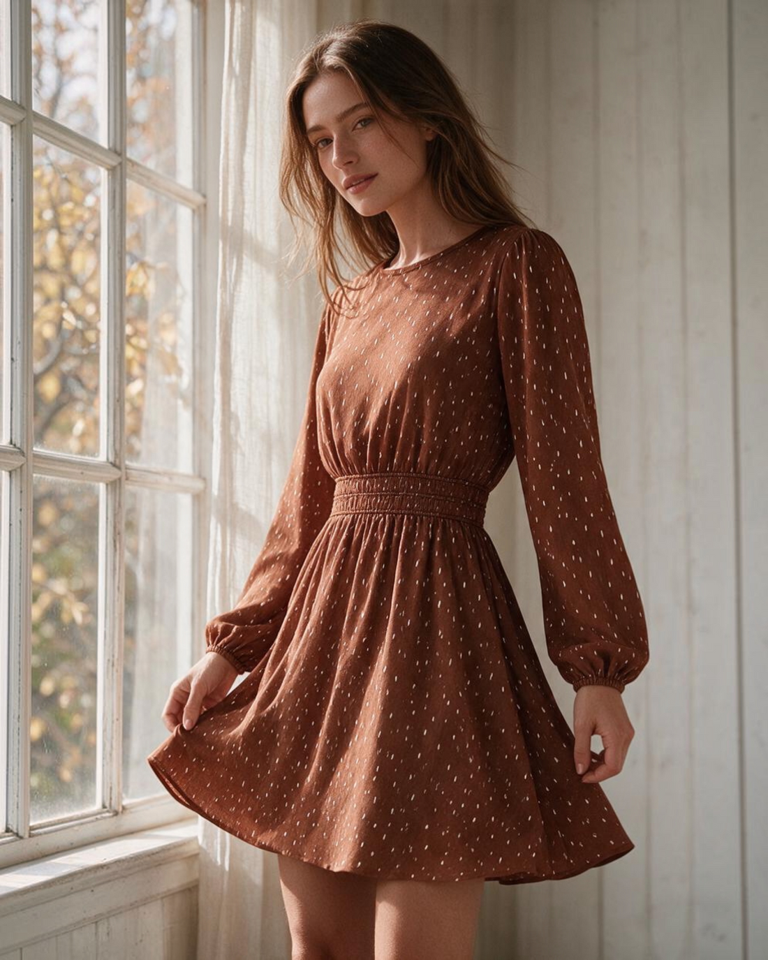 Modelo vistiendo vestido midi Yanet Collective color óxido con estampado de puntos, mangas largas y cintura elástica