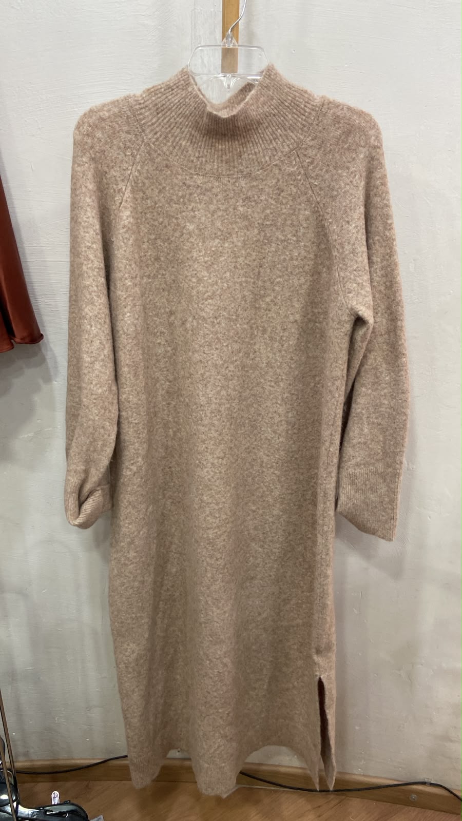 Beige Knit Mock Neck Dress with Side Slits