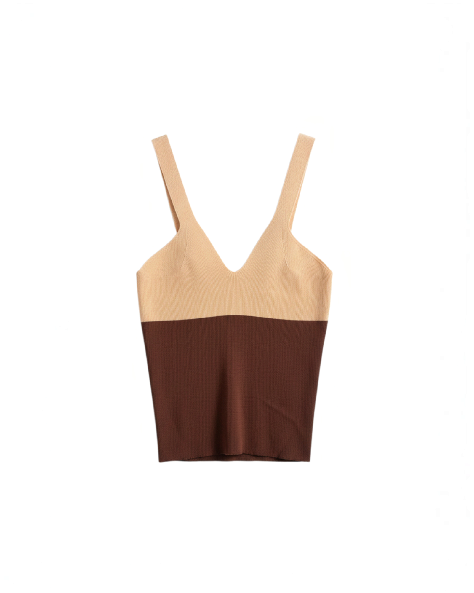 Top corto Yanet Collective con tirantes finos, escote en V y diseño bicolor en tonos beige y café de textura suave.