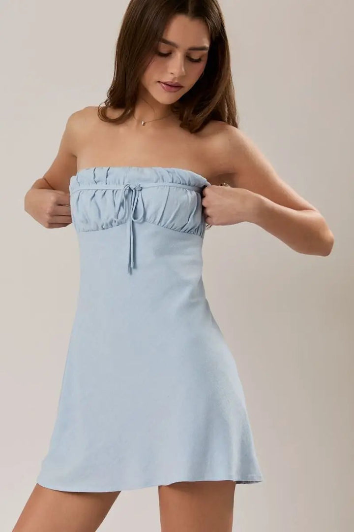Lelis Light Blue Strapless Ruched Bust Mini Dress – Linen Blend Bias Cut Summer Dress - Dresses