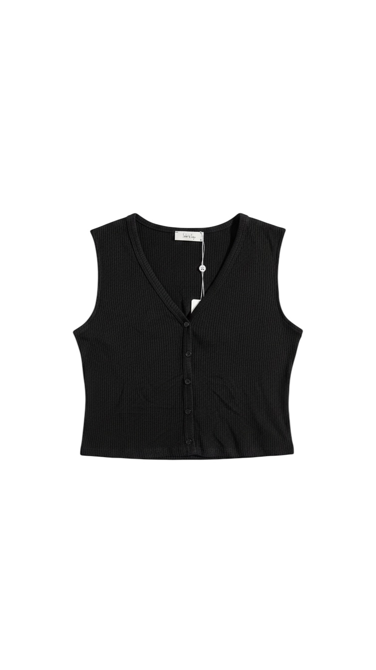 Top Sin Mangas Negro con Botones y Textura Acanalada - Estilo Boutique