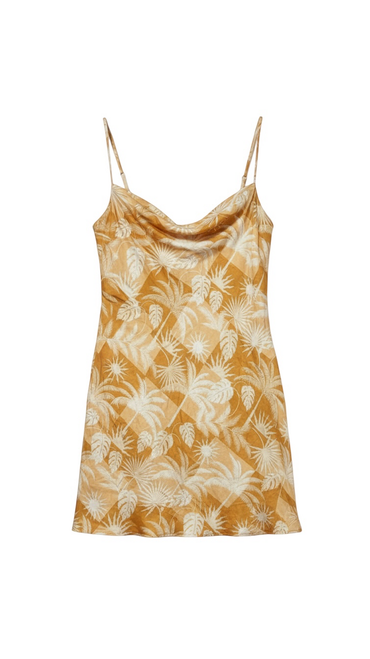 Golden Floral Spaghetti Strap Cami Top with Cowl Neck