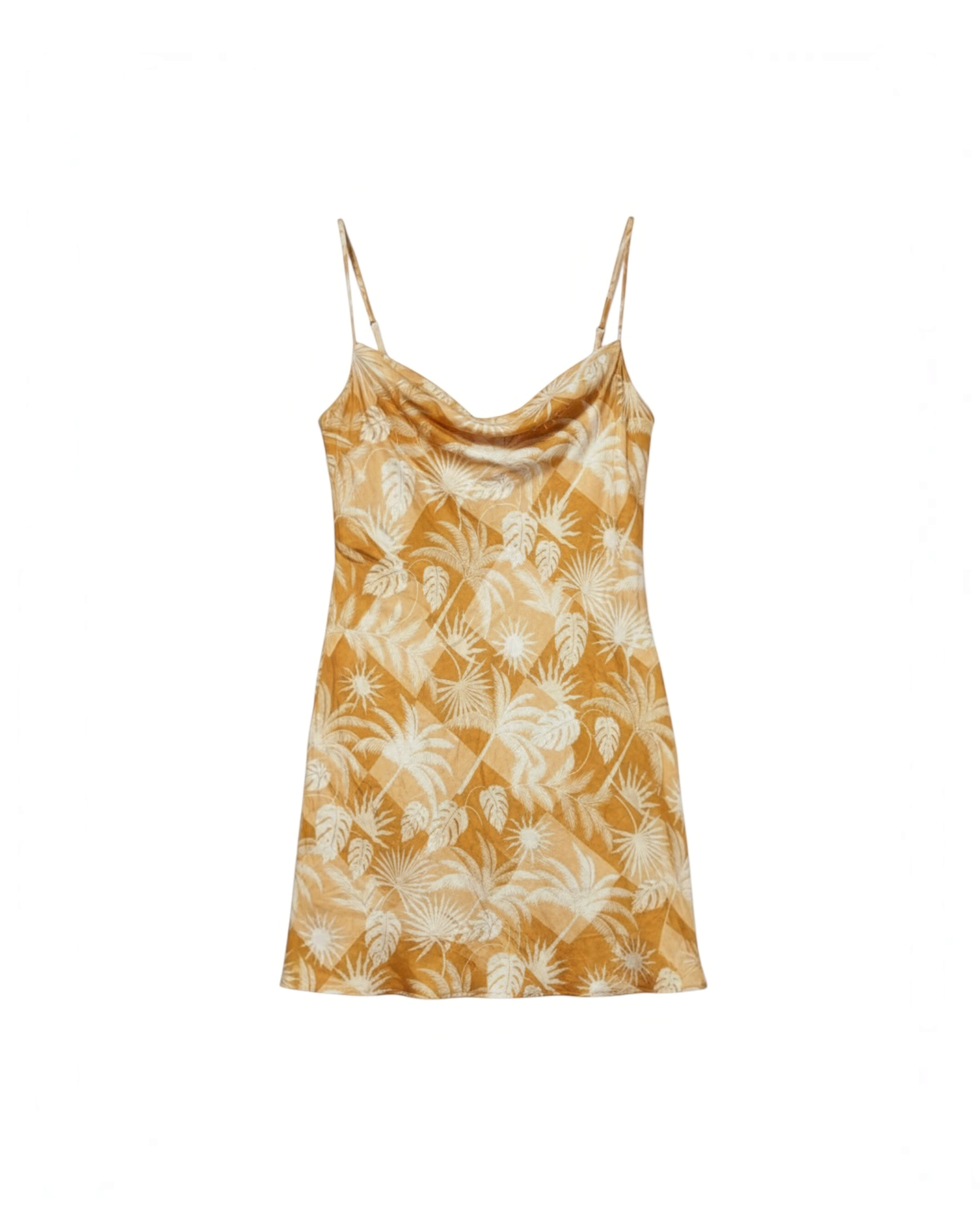 Top de tirantes Yanet Collective con cuello desbocado y estampado floral tropical en tonos dorados sobre fondo suave