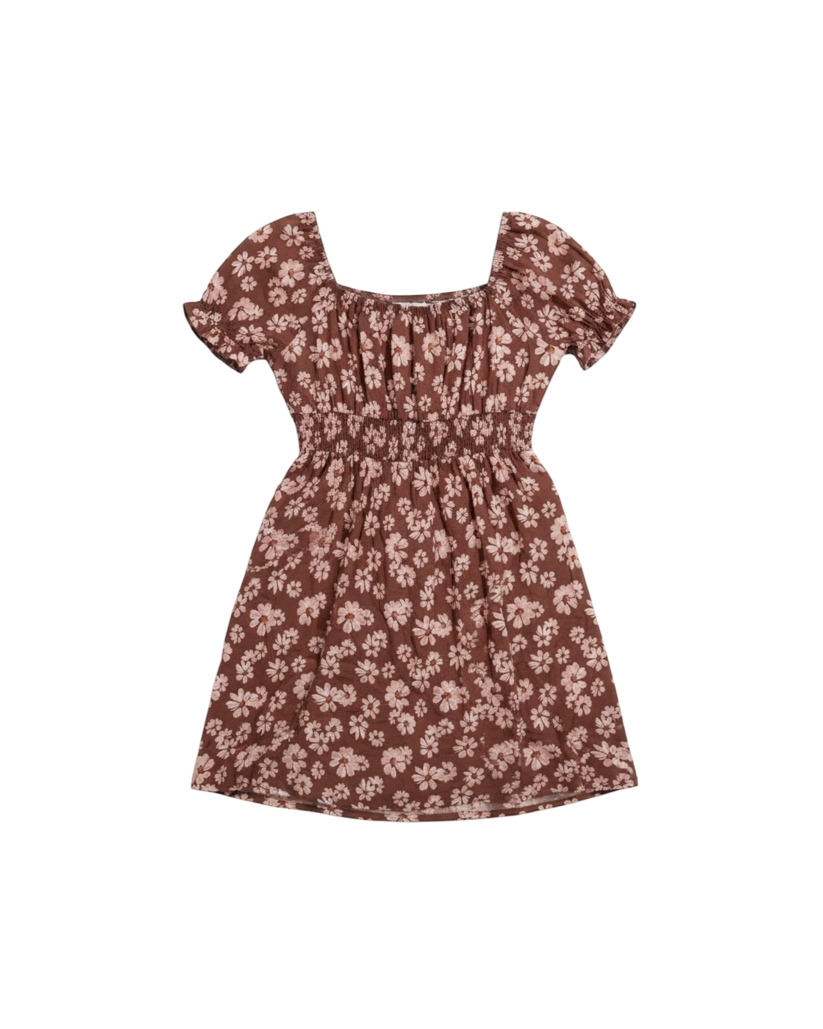 Vestido corto Yanet Collective marrón con estampado floral, escote cuadrado, mangas cortas y cintura elástica fruncida.
