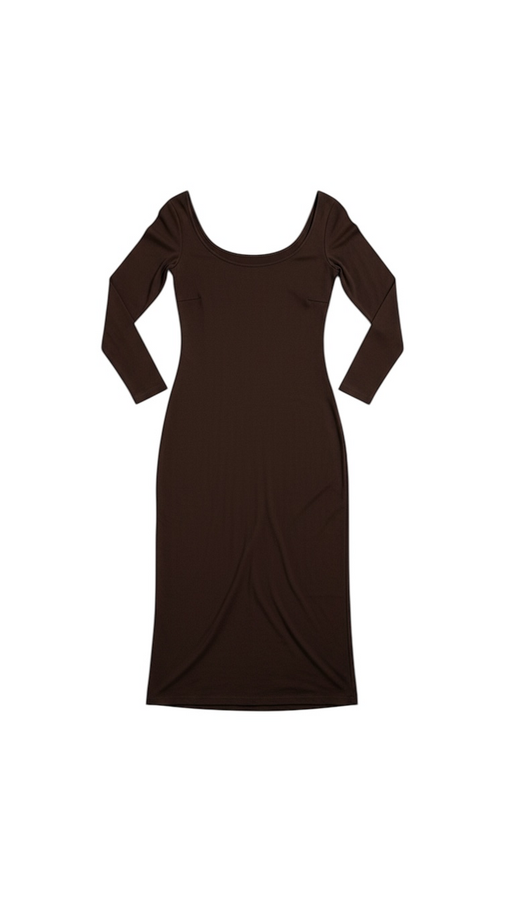 Vestido Maxi Marrón de Manga Larga con Escote Redondo - Estilo Boutique