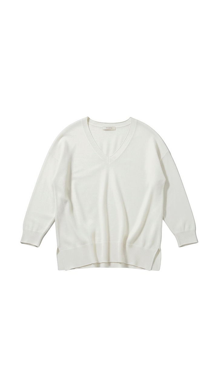 Cream V-Neck Long Sleeve Top with Raw Hem