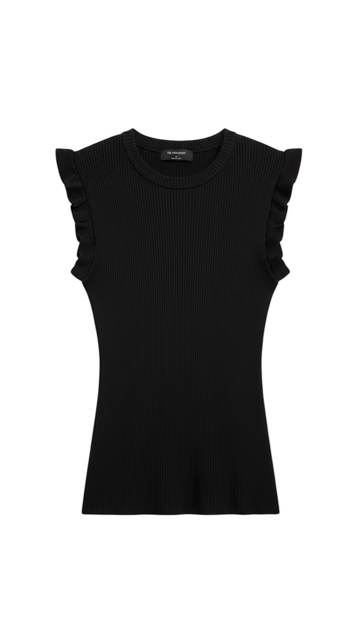 Top Sin Mangas Acanalado Negro con Volantes - Estilo Boutique