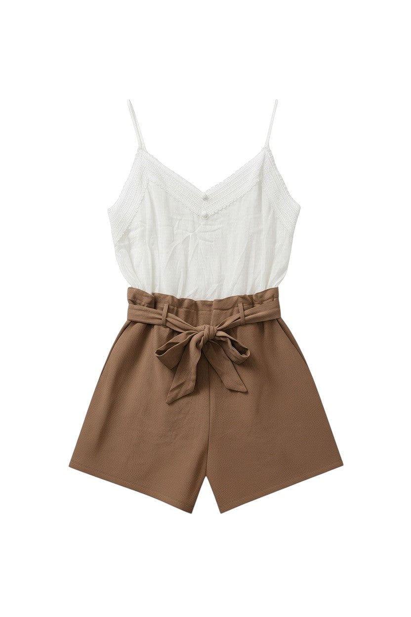 White Spaghetti Strap Top with Brown Tie-Waist Skirt
