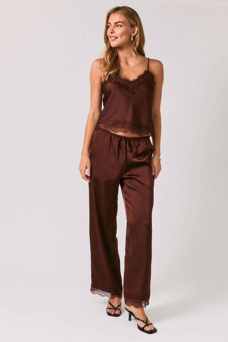 Pantalones Satin Largos de Cintura Alta Color Marrón con Encaje