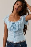Blusa de Lino con Cuello Cuadrado, Encaje y Botones - Azul Claro